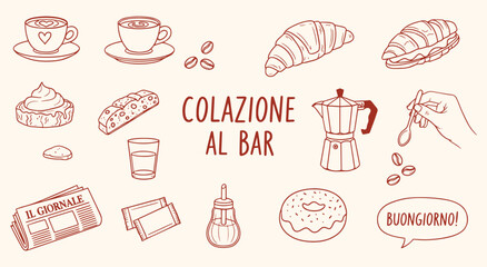 Italian Breakfast (Colazione al Bar) vector illustration set. Hand drawn line art of coffee, croissant, pastry, and newspaper for cafe, restaurant, menu, and Italian culture design.