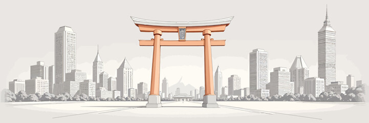 Traditional Torii Gate in Modern Cityscape with Skyscrapers and Urban Greenery