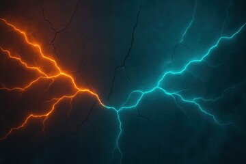 Bright electric bolts in blue and orange crossing over cracked surface, visualizing energy, conflict, or contrast
