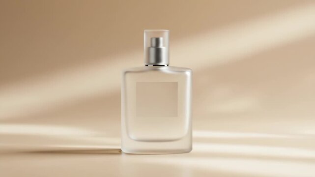 Frosted glass perfume bottle with silver cap sits on beige background, illuminated by soft light
