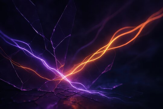 Intersecting orange and violet energy paths shatter the dark ground, representing power surges or digital tension in an abstract style