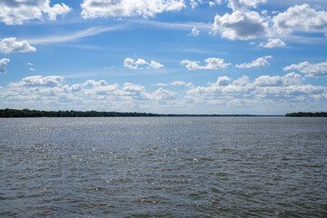 Amazing view of Xingu river water and Amazon rainforest trees in Xingu indigenous land, Brazil....