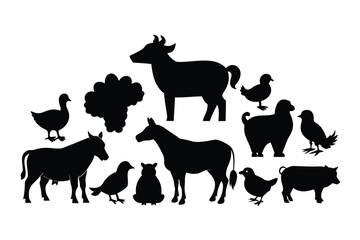 Obraz premium Farm Animals Silhouettes Collection Variety of Domestic Livestock Black Graphics on White Background Farm Life Animal Shapes Set for Design and Illustration