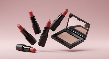 Cosmetics float against a pink backdrop Lipstick tubes  powder compact are visible