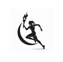 Female Silhouette Running Fast with Torch in Hand at Sunset