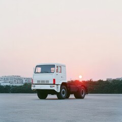 Clean missile system loaded on truck platform, sunset light