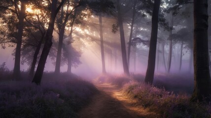 Fototapeta premium Forest path bathed in light with purple wildflowers and tall trees shrouded in mist