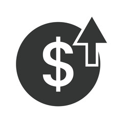 White dollar sign and upward arrow inside dark grey circle against white background
