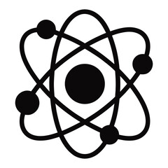 Black atom model with orbiting electrons on white background atomic science