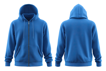 Front and back view of a vibrant royal blue zip-up hoodie