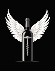 Wine Bottle with Angel Wings and Caduceus on Black Background