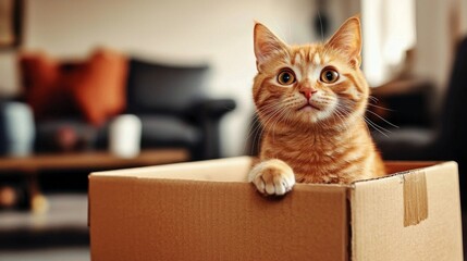 The cozy living room serves as a blurred backdrop for the playful cat.