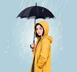 Woman in Yellow Raincoat with Black Umbrella in Rainy Weather