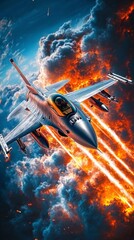 Fighter jet soaring through a fiery sky.