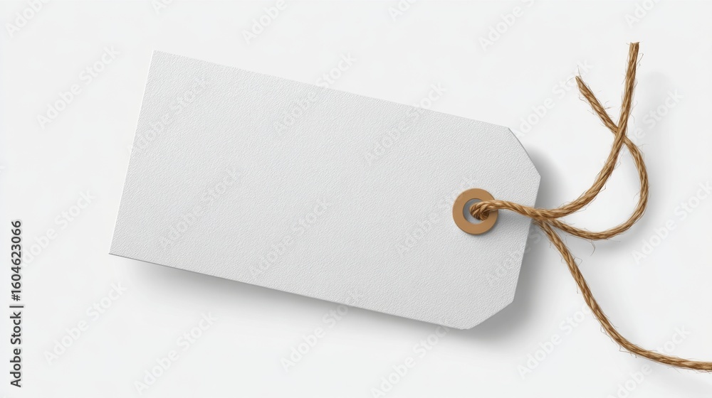 Poster blank price tag mockup on white background with string for product pricing display and marketing pur