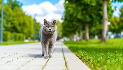 Obraz premium Gray cat walking on a park path