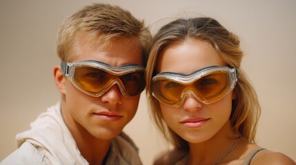 Obraz premium Couple Facing Dust Storm Wearing Protective Eyewear in Challenging Outdoor Environment