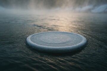 A naturally occurring ice disk floats on a dark river surface, forming a perfect round shape from rotating currents