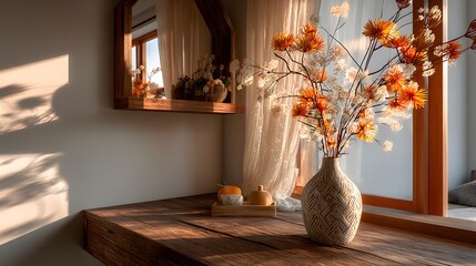 Dried flower arrangement in a patterned vase on a wooden table.