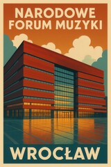 Stylized vintage poster of Narodowe Forum Muzyki in Wrocław Poland with a sunset reflection on the modern glass facade and orange sky with dramatic clouds