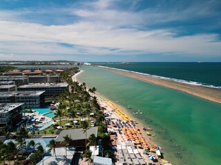 Aerial view of paradisiacal beach with crystal clear water – Muro Alto, Pernambuco, Brazil
