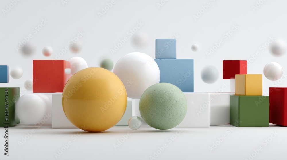 Poster colorful 3d abstract composition of spheres and cubes in a modern setting