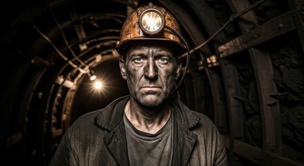 Naklejka premium A miner wearing a hard hat stands inside a dark, industrial tunnel with exposed metal structures and a bright light at the end.