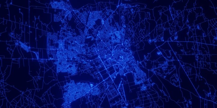 Marrakesh (Morocco) street map. The style of the map is blue glow
