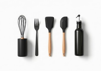 Fototapeta premium Collection of black kitchen utensils and olive oil bottle on white background