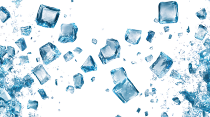 fresh blue ice cubes falling and splashing on white background