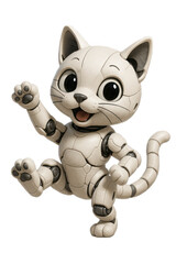 Cute robotic cat character with playful expression, featuring sleek design and articulated limbs. This charming figure embodies blend of technology and whimsy, appealing to both children