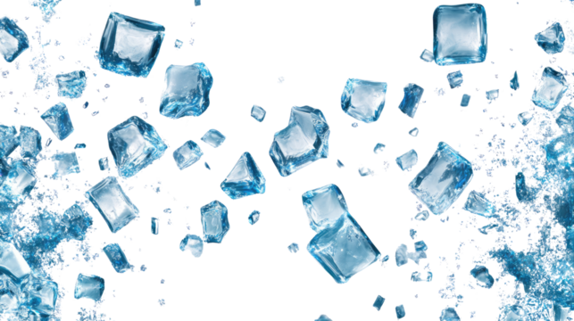 fresh blue ice cubes falling and splashing on white background