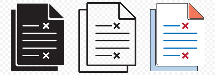 Set of DOC File Icons with X Mark – Document Error Symbols. 