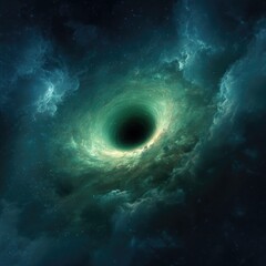 A swirling vortex of emerald nebulae encircles a dark void