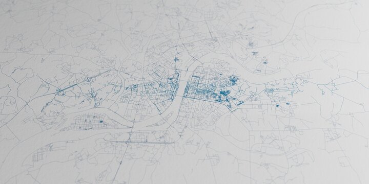 Pyongyang (North Korea) street map. The style of the map is blue ink