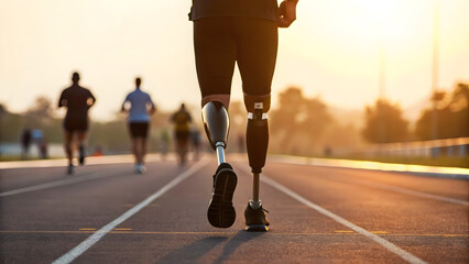 Runner with prosthetic legs on racetrack at sunset