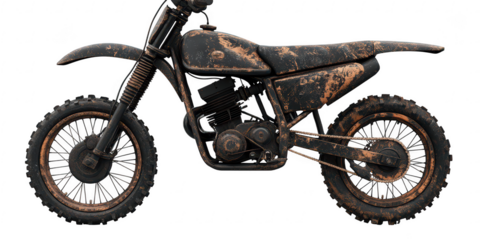Dirty off road motorcycle side view on transparent png background