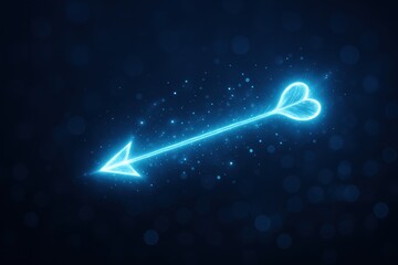 Illuminated Heart-Shaped Arrow in a Dark Blue Background with Glowing Particles and Stars, Symbolizing Love and Affection in a Magical Atmosphere