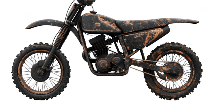 Dirty off road motorcycle side view on transparent png background