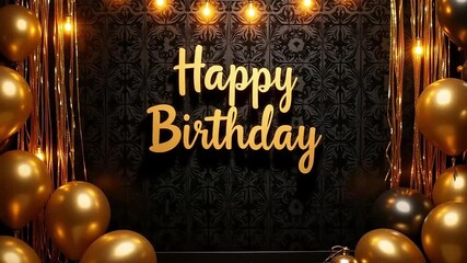 Stunning golden birthday celebration with balloons and lights for a modern party video