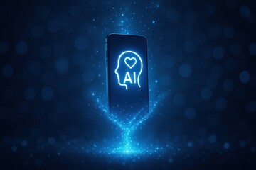 A Glowing Smartphone Displaying an AI Concept with a Heart and Brain Icon, Surrounded by a Mystical Blue Glow and Sparkles Representing Digital Innovation