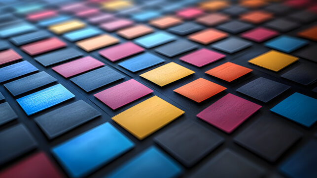 A close-up view of numerous small, colorful square blocks arranged in a grid pattern.