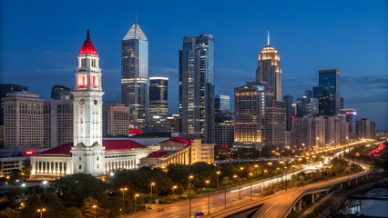Vibrant city skyline at night with skyscrapers