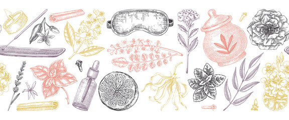 Perfumery seamless ribbon. Exotic plants hand drawn vector illustrations. Perfume and cosmetics background design. Not AI generated