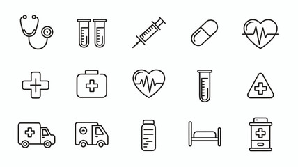 Healthcare icon collection. simple medical symbols: stethoscope, syringe, heart, doctor
