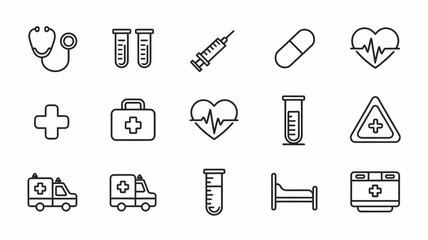 Healthcare icon collection. simple medical symbols: stethoscope, syringe, heart, doctor
