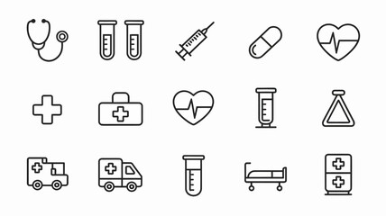 Healthcare icon collection. simple medical symbols: stethoscope, syringe, heart, doctor
