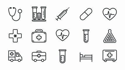 Healthcare icon collection. simple medical symbols: stethoscope, syringe, heart, doctor
