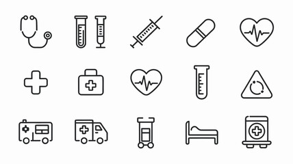 Healthcare icon collection. simple medical symbols: stethoscope, syringe, heart, doctor
