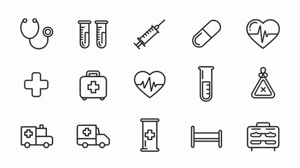 Healthcare icon collection. simple medical symbols: stethoscope, syringe, heart, doctor
